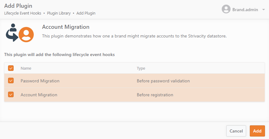 Lifecycle event hook templates for account migration